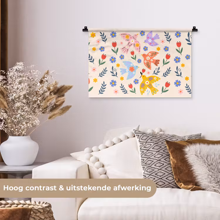 Wandkleed - Vogel - Bloemen - Folk - Kleurrijk - Dieren — 4