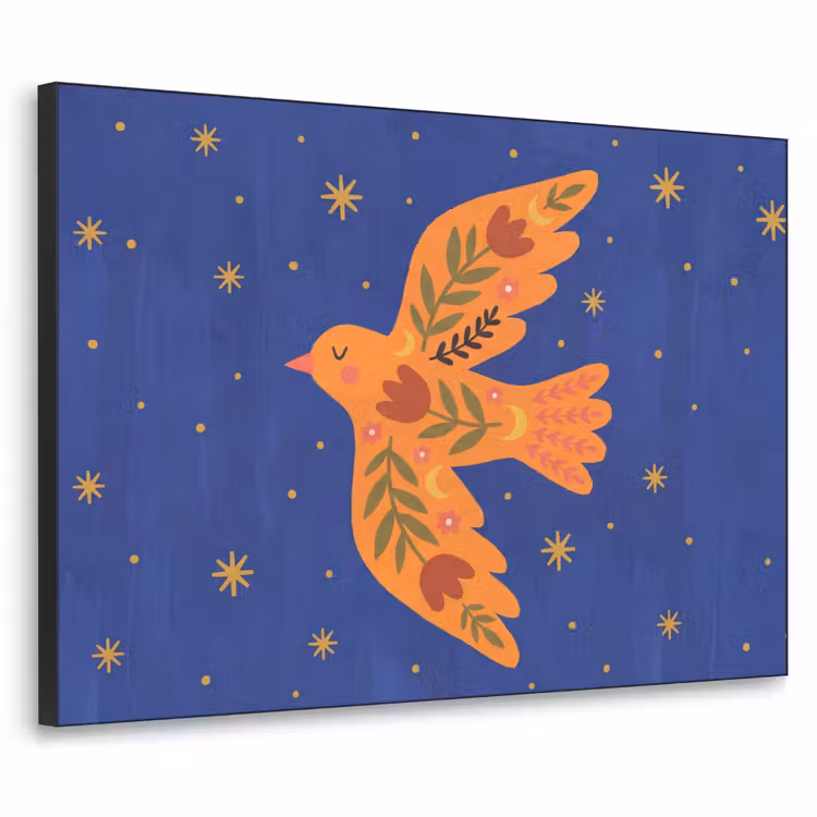 Art frame - Vogel - Bloemen - Decoratief - Oranje - Blauw — 1