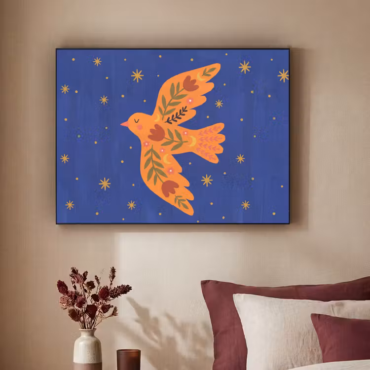 Art frame - Vogel - Bloemen - Decoratief - Oranje - Blauw — 3