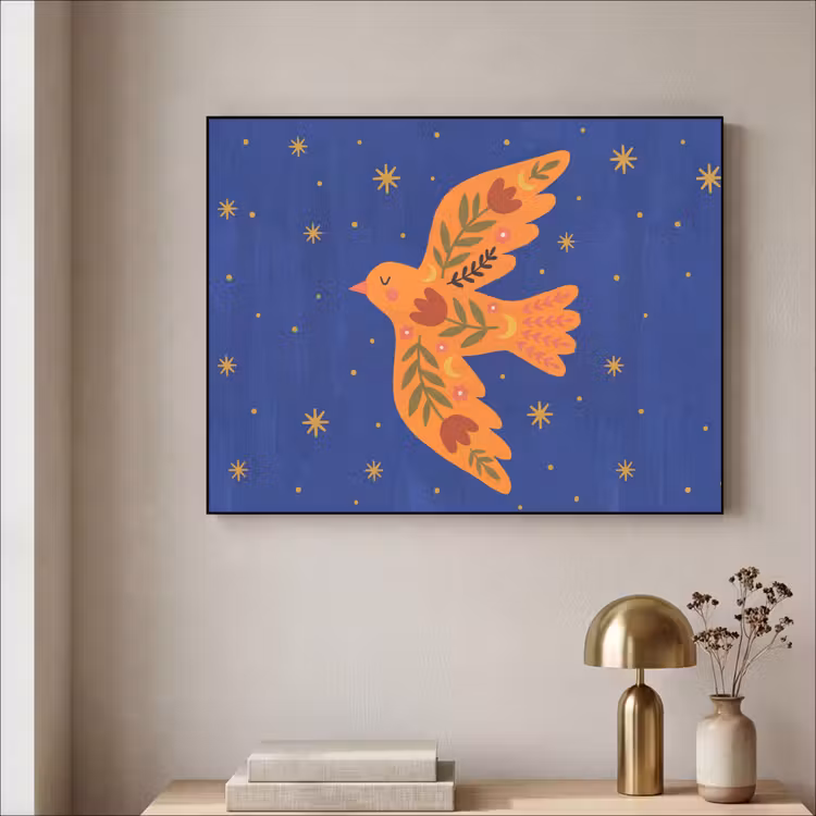 Art frame - Vogel - Bloemen - Decoratief - Oranje - Blauw — 5