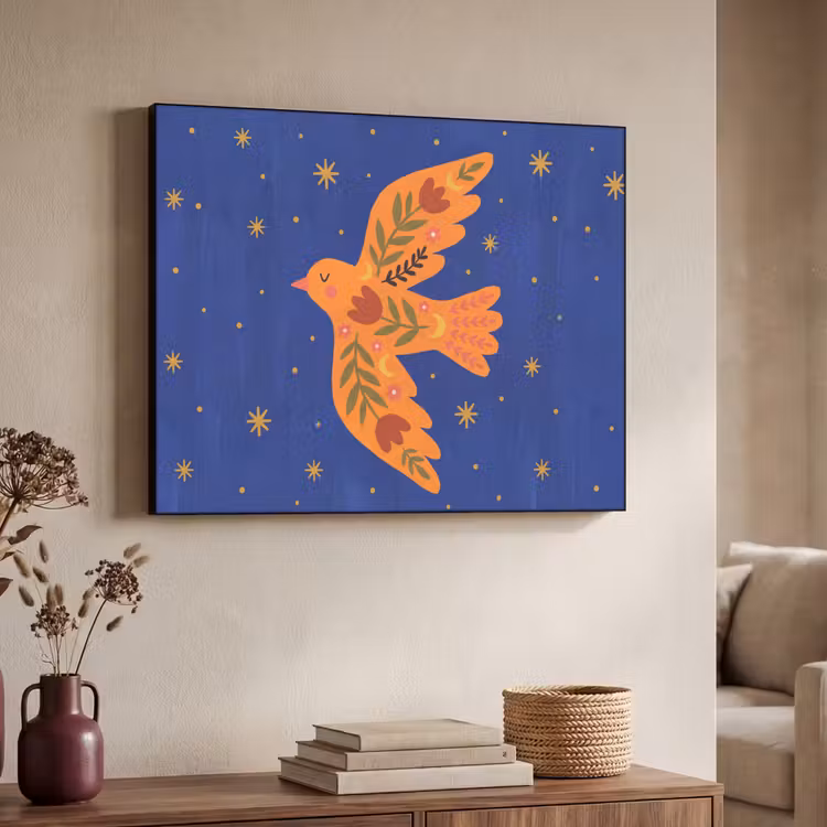 Art frame - Vogel - Bloemen - Decoratief - Oranje - Blauw — 7