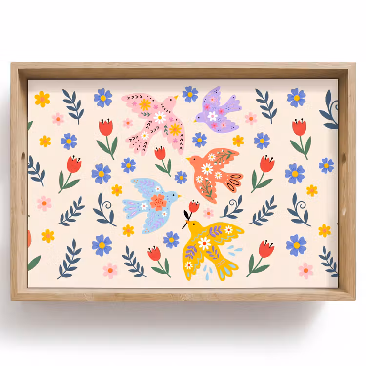 Dienblad - Vogel - Bloemen - Folk - Kleurrijk - Dieren — 1