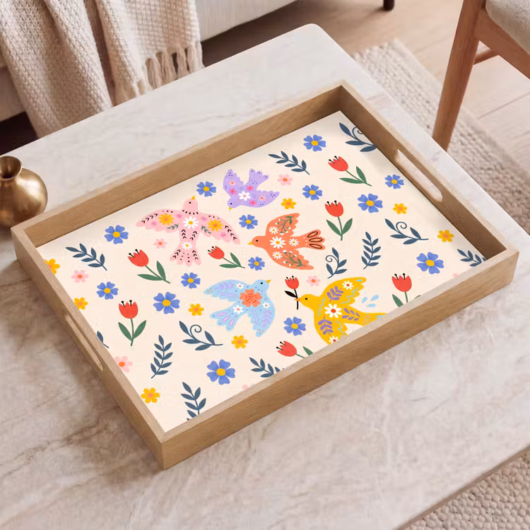 Dienblad - Vogel - Bloemen - Folk - Kleurrijk - Dieren — 2