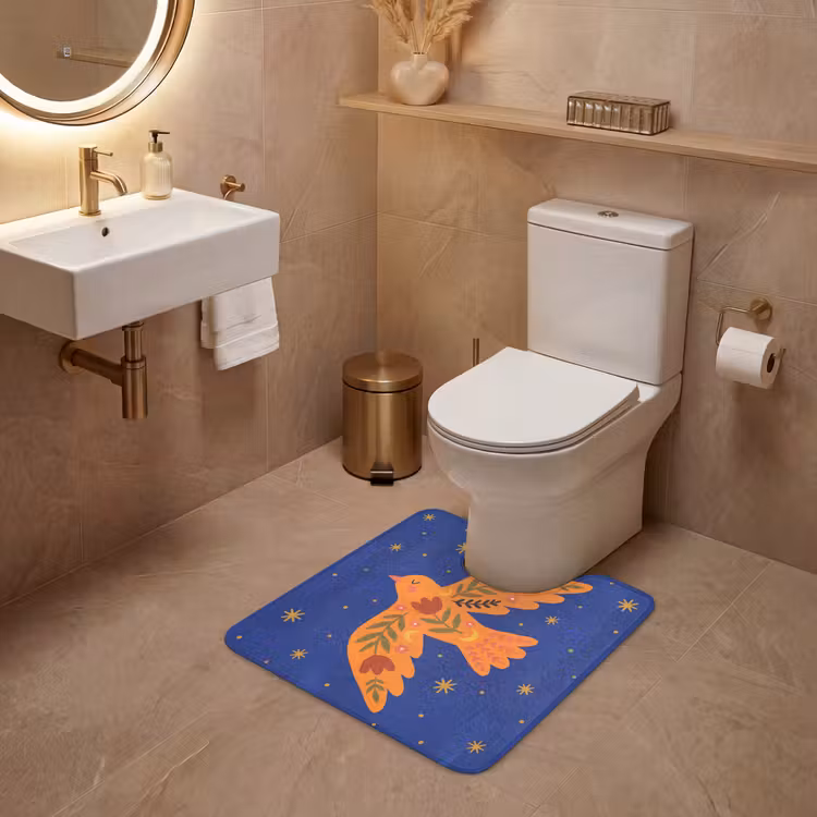 WC Mat - Vogel - Bloemen - Decoratief - Oranje - Blauw — 3