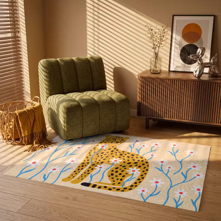 Vloerkleed - Dieren - Jachtluipaard - Bloemen - Modern - Geel — 2