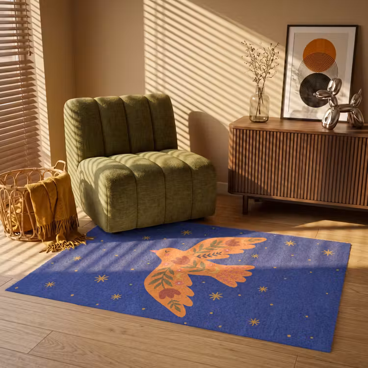 Vloerkleed - Vogel - Bloemen - Decoratief - Oranje - Blauw — 2