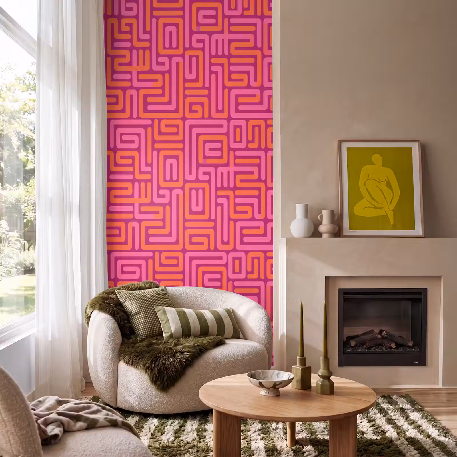 Behang - Abstract - Patroon - Lijnen - Roze - Oranje — 1