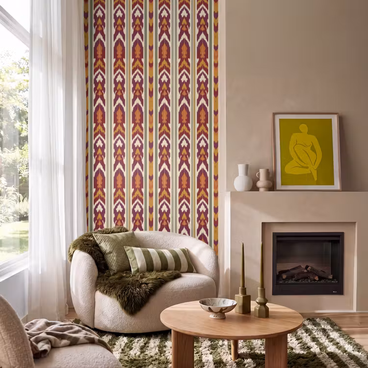 Behang - Ikat - Bordeauxrood - Etnisch - Patroon — 1