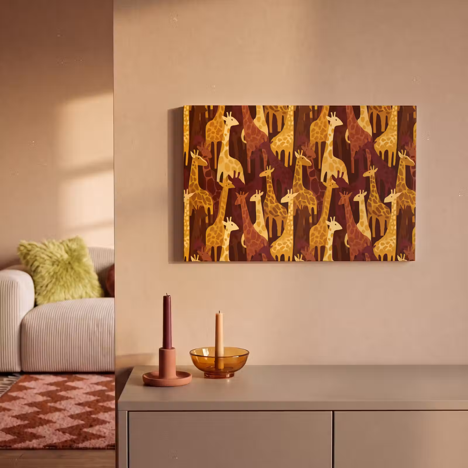 Canvas schilderij - Bruin - Giraffen - Safari - Patroon — 1