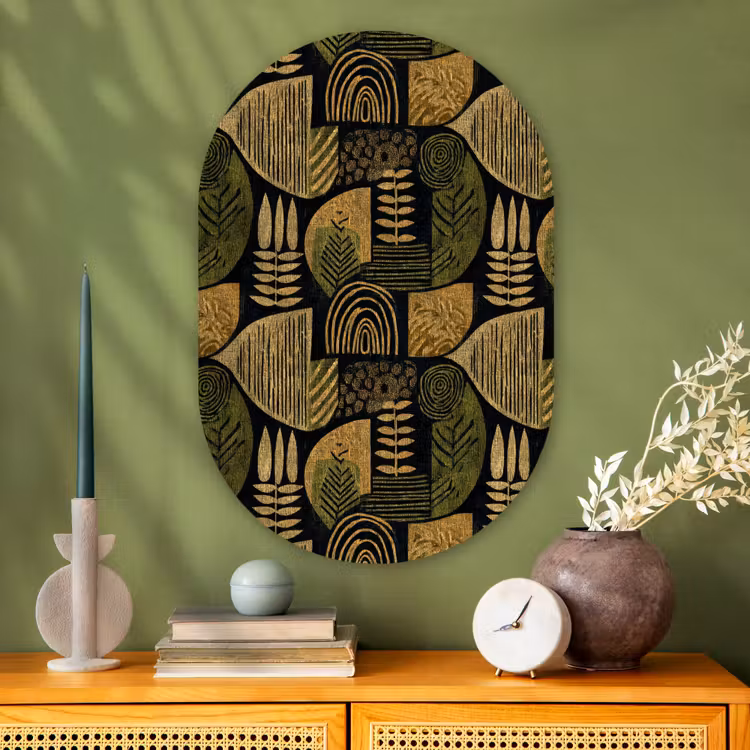 Muurovaal glas - Zwart - Okergeel - Botanisch - Textuur — 2