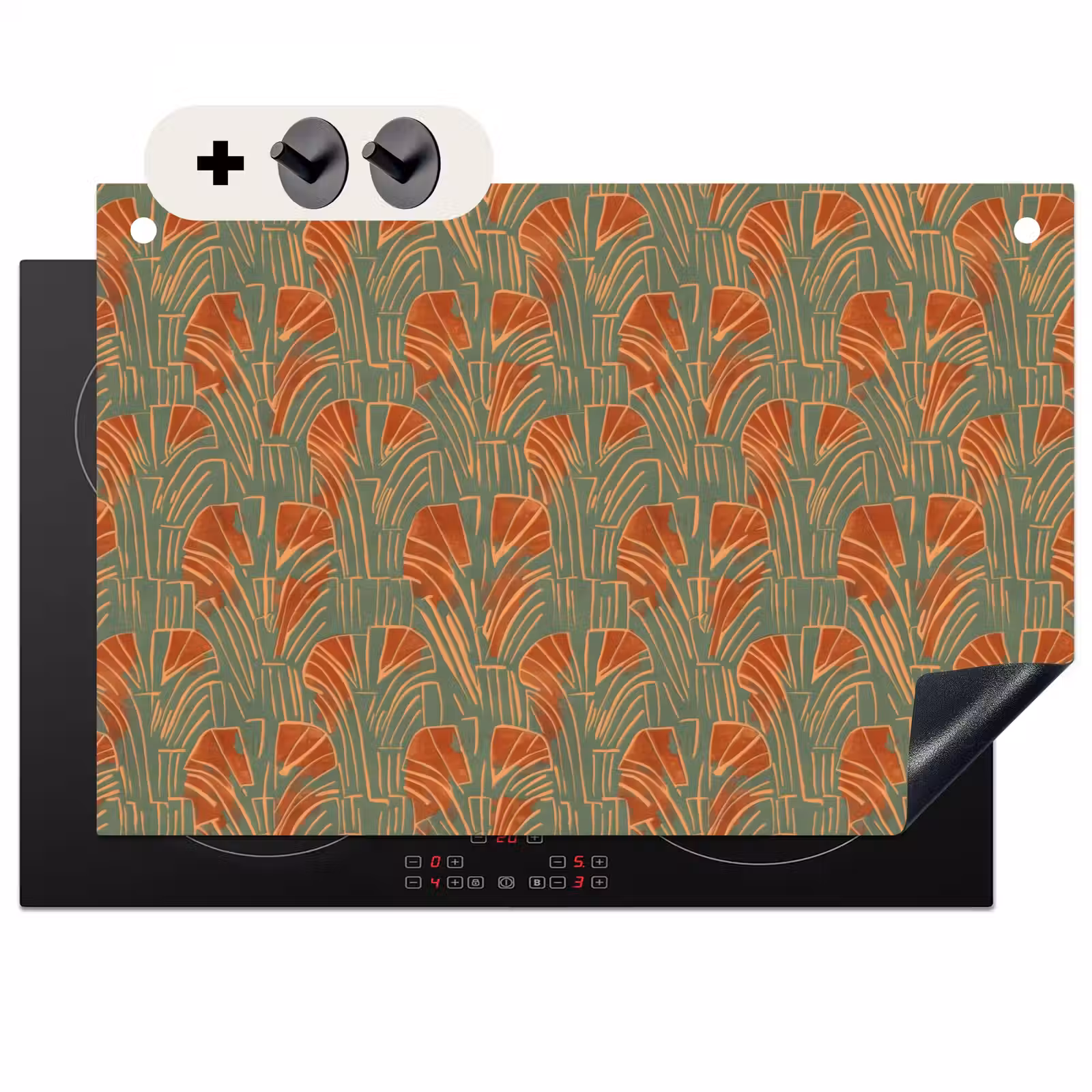 Inductiebeschermer & spatscherm (2in1) - Groen - Terracotta - Deco - Waaiers — 1