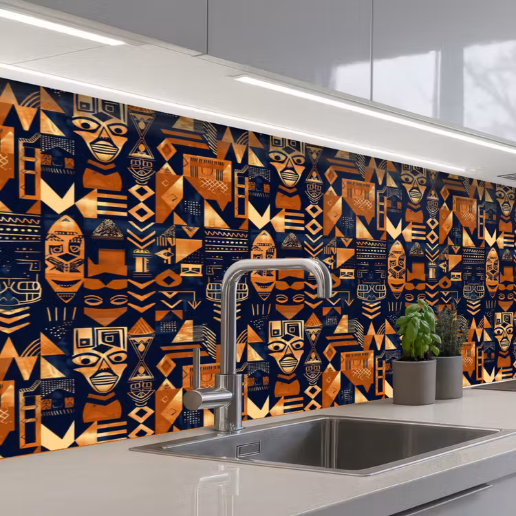 Keuken achterwand - Nachtblauw - Koper - Tribaal - Maskers — 2