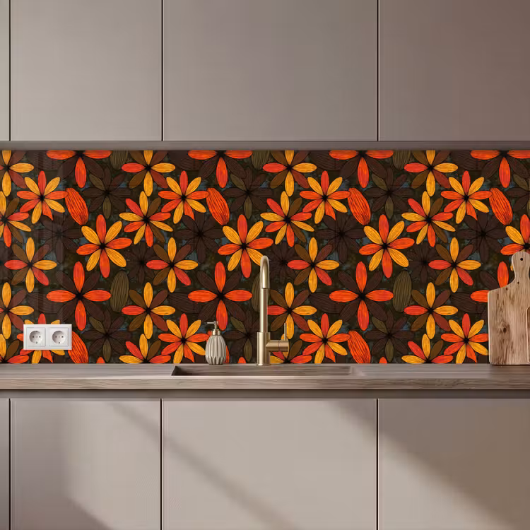 Keuken achterwand - Oranje - Retro - Bloemen - Herfst — 1