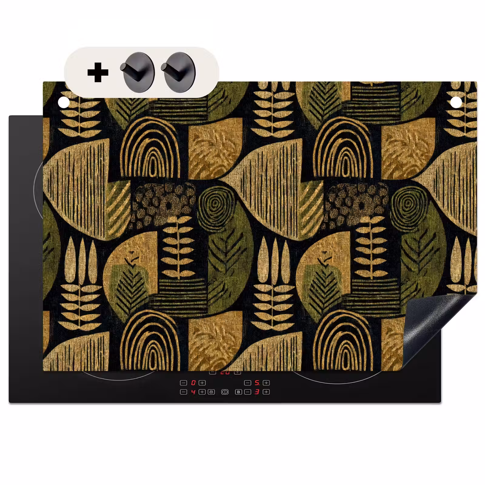 Inductiebeschermer & spatscherm (2in1) - Zwart - Okergeel - Botanisch - Textuur — 1