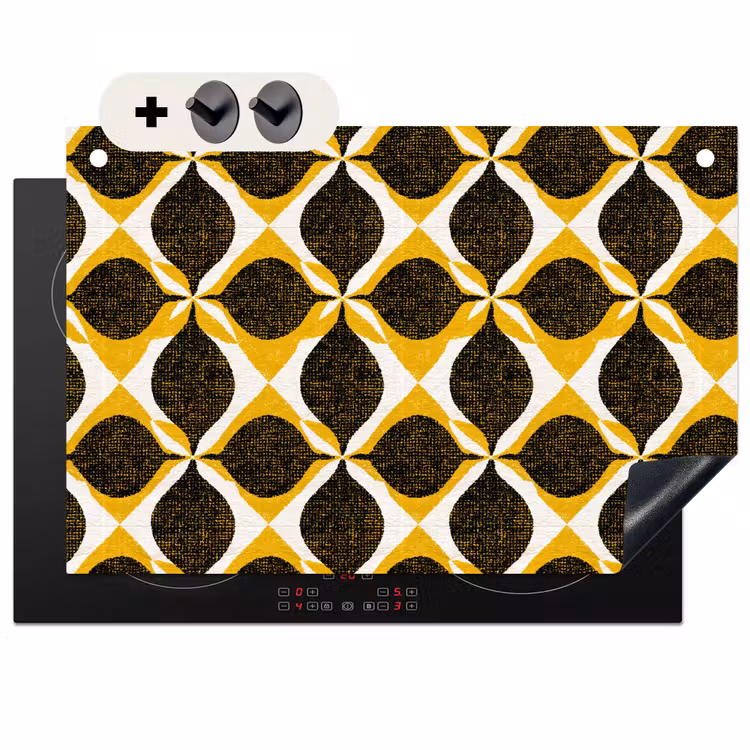 Inductiebeschermer & spatscherm (2in1) - Geel - Zwart - Geometrisch - Retro - Textuur — 1