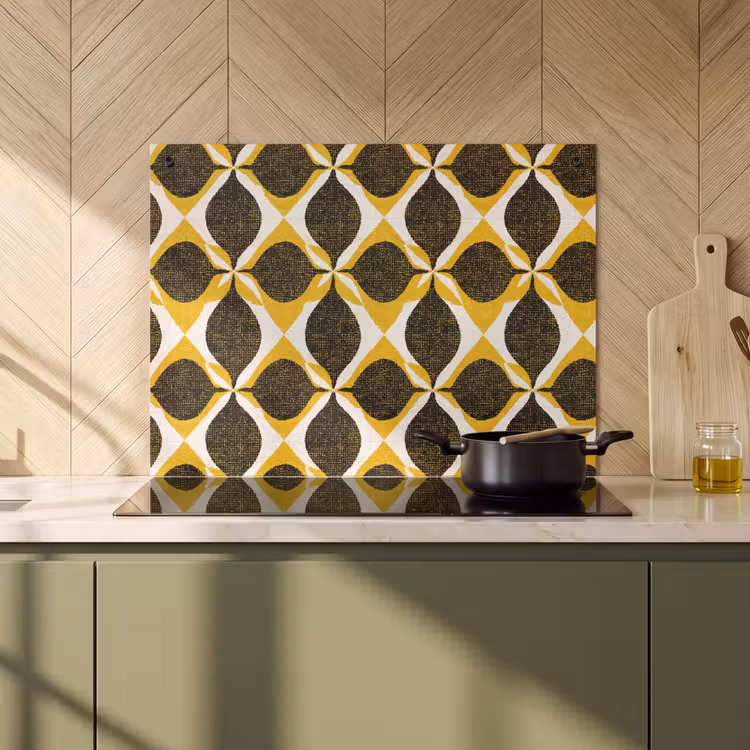 Inductiebeschermer & spatscherm (2in1) - Geel - Zwart - Geometrisch - Retro - Textuur — 2