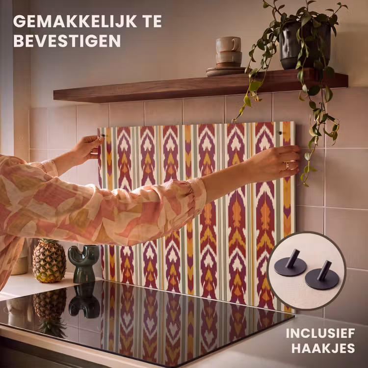 Inductiebeschermer & spatscherm (2in1) - Ikat - Bordeauxrood - Etnisch - Patroon — 7