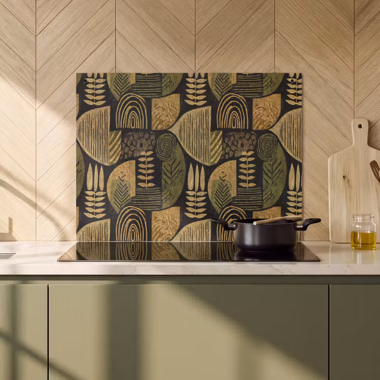 Inductiebeschermer & spatscherm (2in1) - Zwart - Okergeel - Botanisch - Textuur — 2