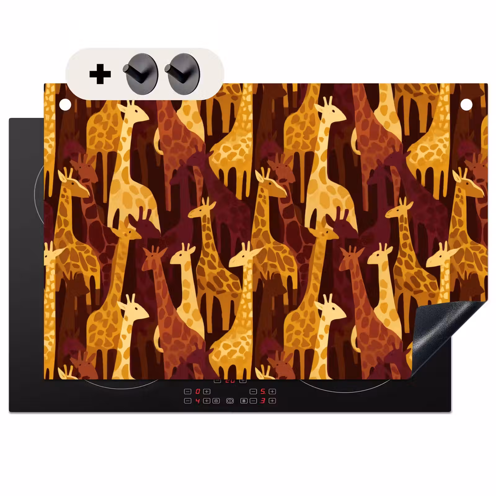 Inductiebeschermer & spatscherm (2in1) - Bruin - Giraffen - Safari - Patroon — 1