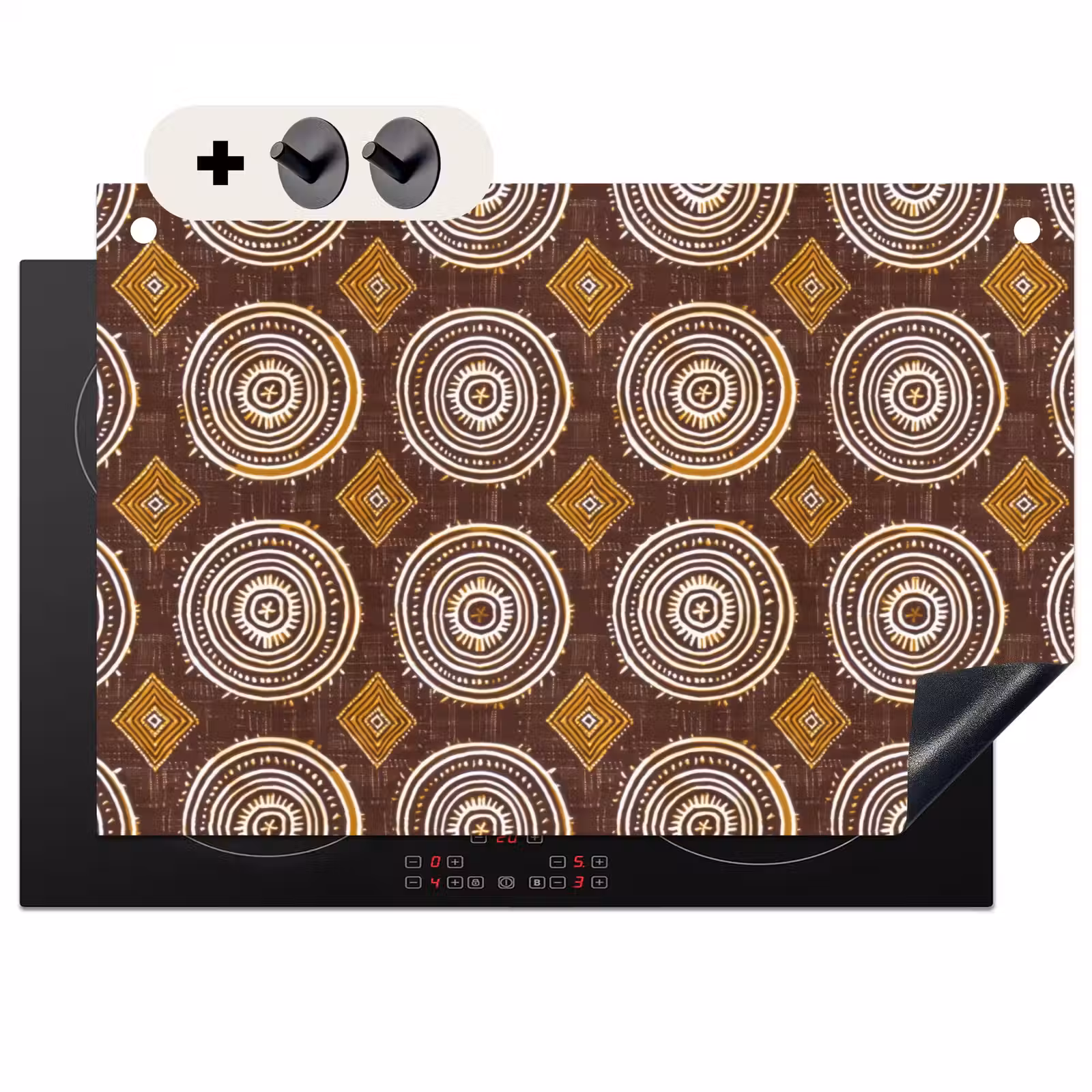 Inductiebeschermer & spatscherm (2in1) - Chocoladebruin - Etnisch - Tribaal - Cirkels - Patroon — 1