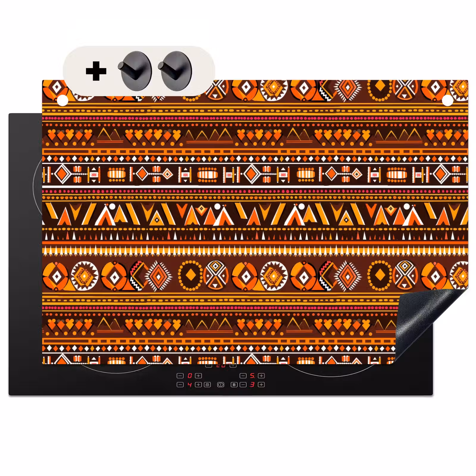 Inductiebeschermer & spatscherm (2in1) - Oranje - Etnisch - Tribaal - Geometrisch - Patroon — 1