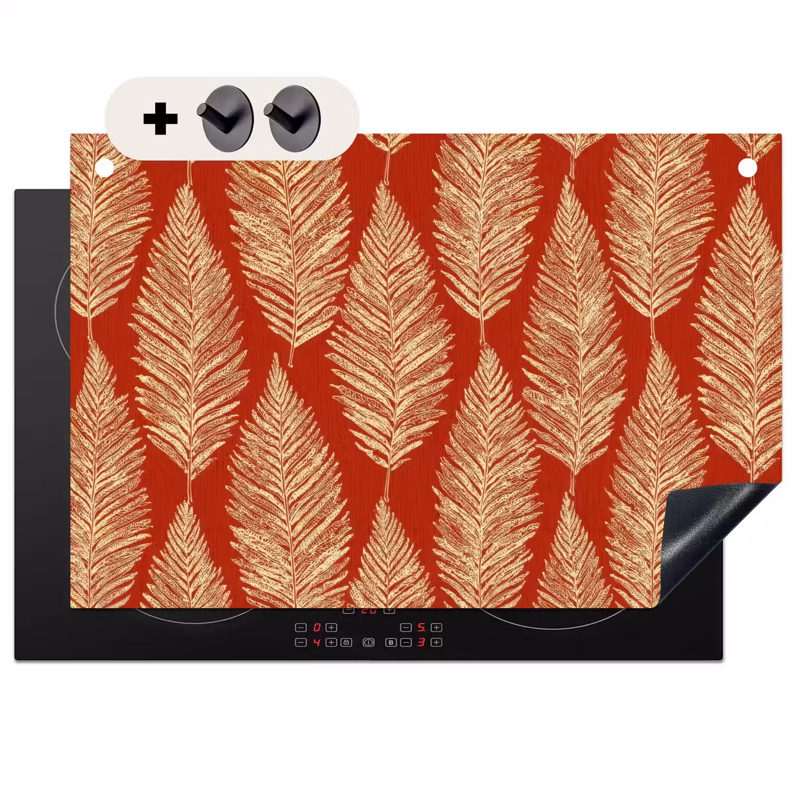 Inductiebeschermer & spatscherm (2in1) - Rood - Botanisch - Varen - Patroon — 1