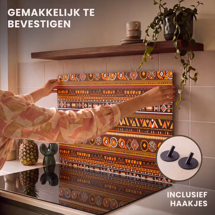 Inductiebeschermer & spatscherm (2in1) - Oranje - Etnisch - Tribaal - Geometrisch - Patroon — 7