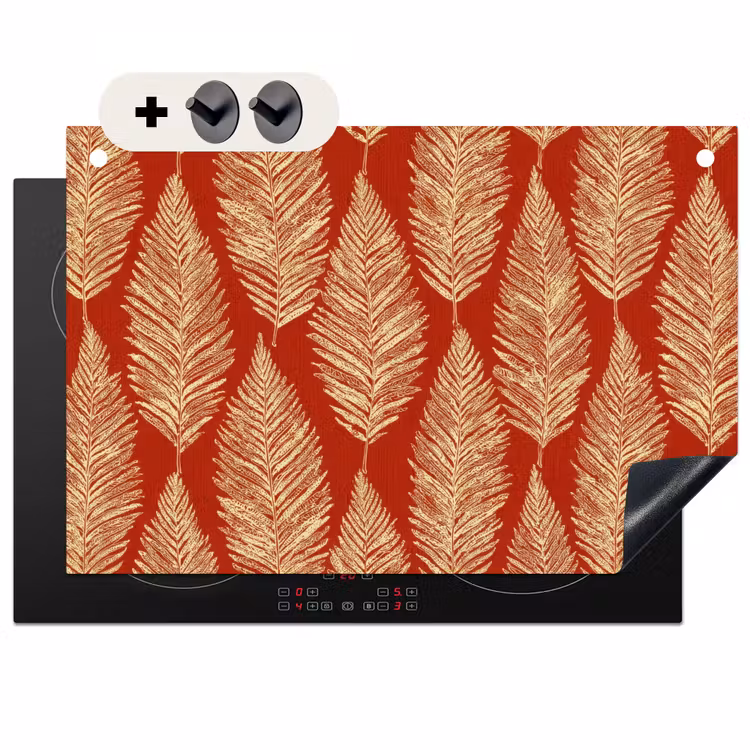 Inductiebeschermer & spatscherm (2in1) - Rood - Botanisch - Varen - Patroon — 1