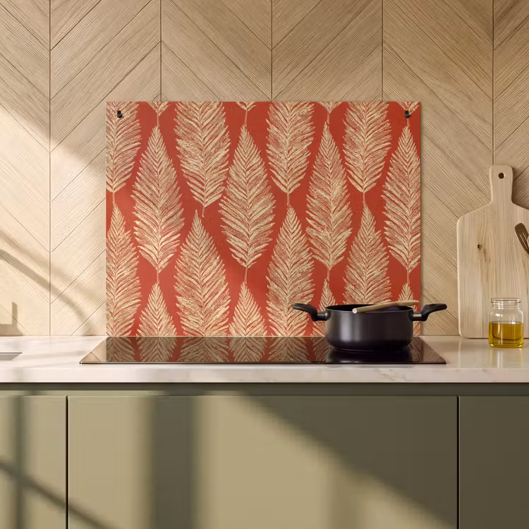 Inductiebeschermer & spatscherm (2in1) - Rood - Botanisch - Varen - Patroon — 2