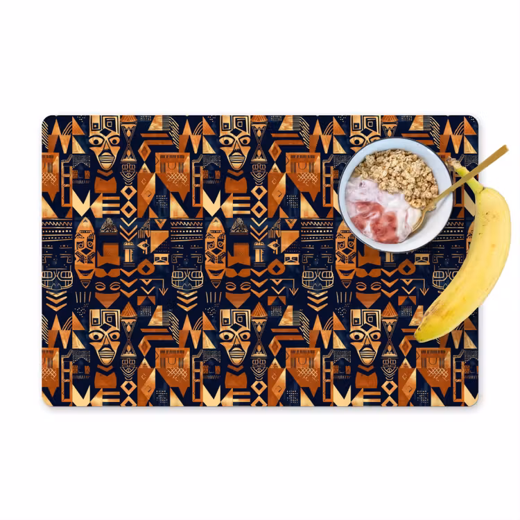 Placemat - 6 stuks - Nachtblauw - Koper - Tribaal - Maskers — 1