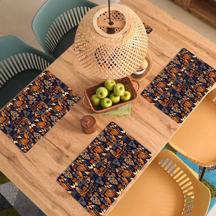 Placemat - 6 stuks - Nachtblauw - Koper - Tribaal - Maskers — 6