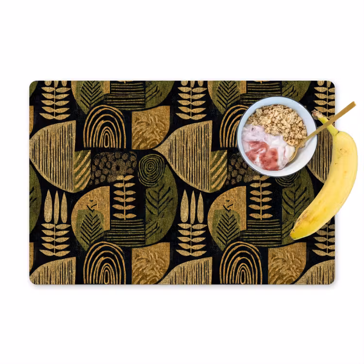 Placemat - 6 stuks - Zwart - Okergeel - Botanisch - Textuur — 1