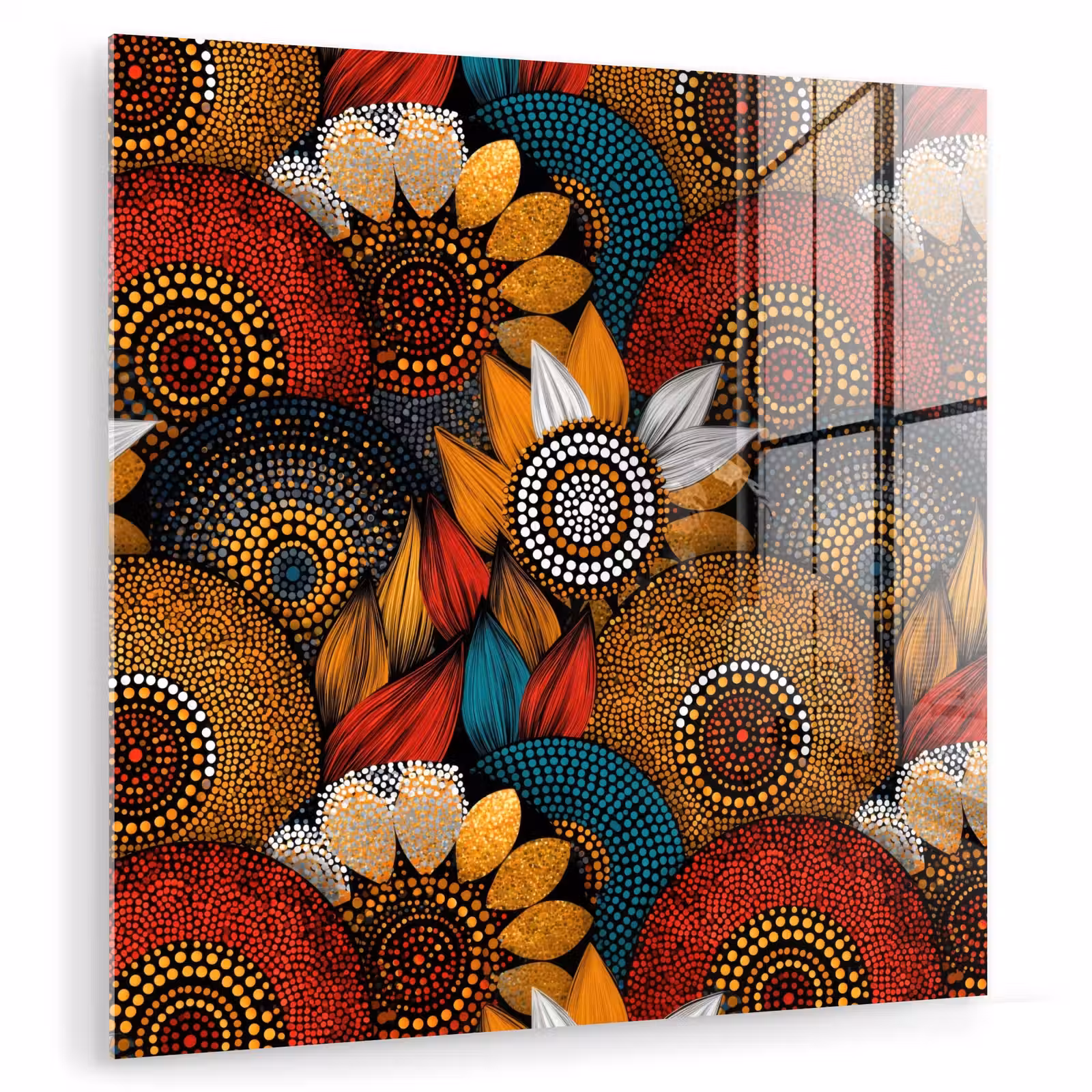 Glas schilderij - Kleurrijk - Aboriginal - Dot Painting - Botanisch - Patroon — 1