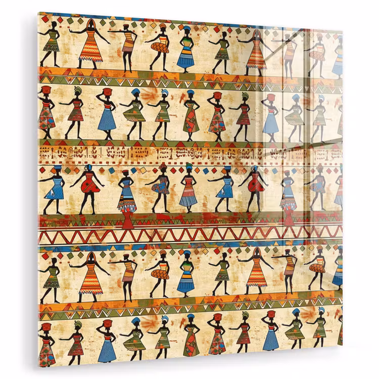 Glas schilderij - Kleurrijk - Afrikaans - Etnisch - Dansende Vrouwen - Patroon — 1