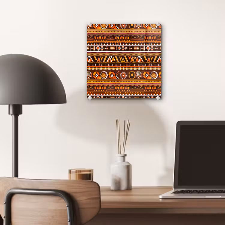 Glas schilderij - Oranje - Etnisch - Tribaal - Geometrisch - Patroon — 7