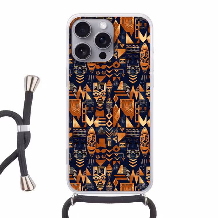 Telefoonhoesje met koord - Nachtblauw - Koper - Tribaal - Maskers — 1