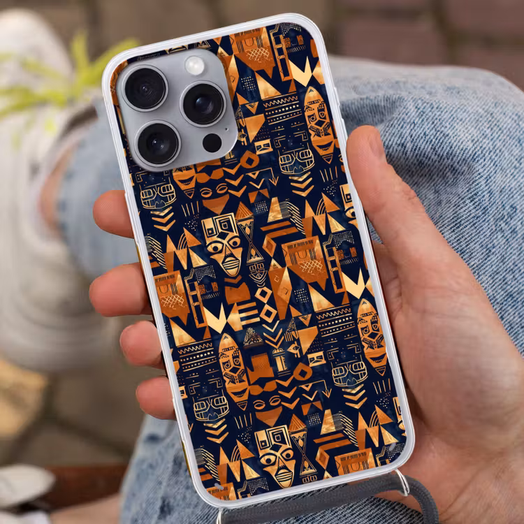 Telefoonhoesje met koord - Nachtblauw - Koper - Tribaal - Maskers — 2