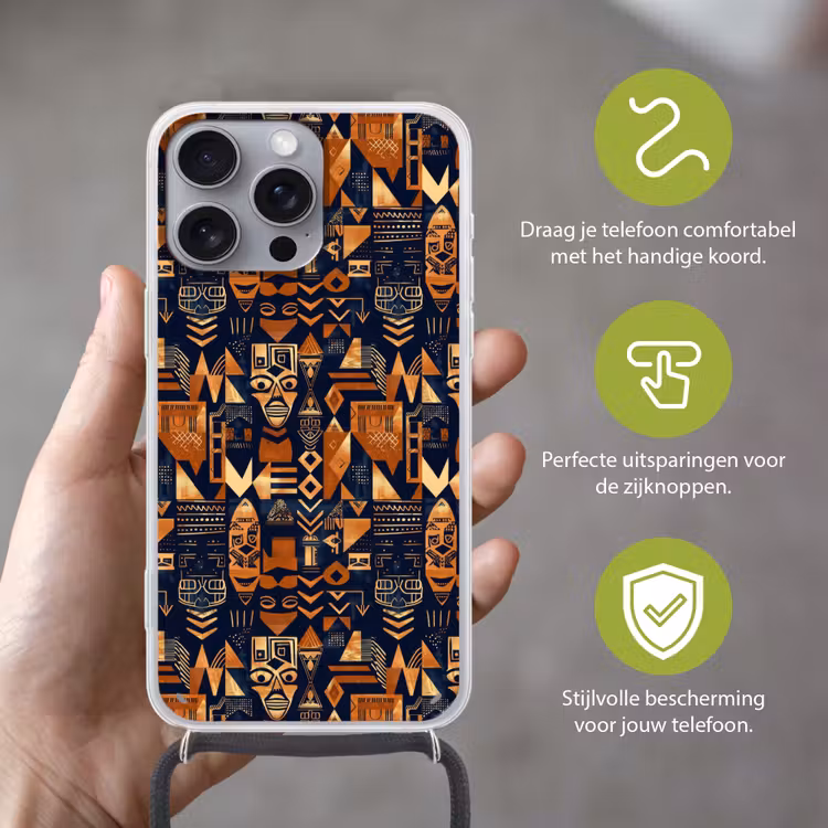 Telefoonhoesje met koord - Nachtblauw - Koper - Tribaal - Maskers — 4