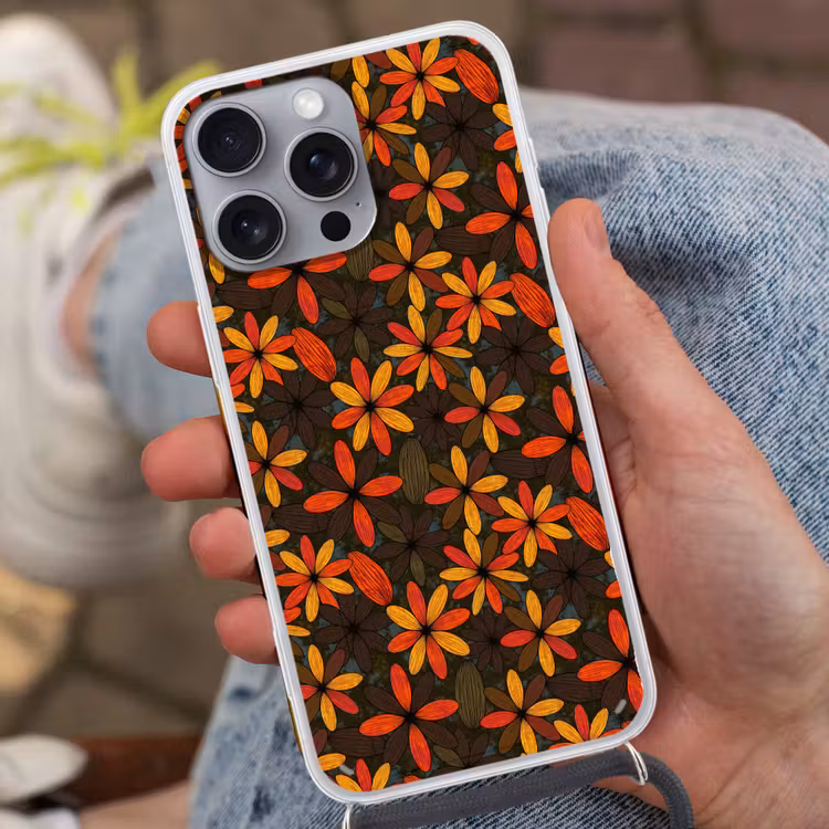 Telefoonhoesje met koord - Oranje - Retro - Bloemen - Herfst — 2