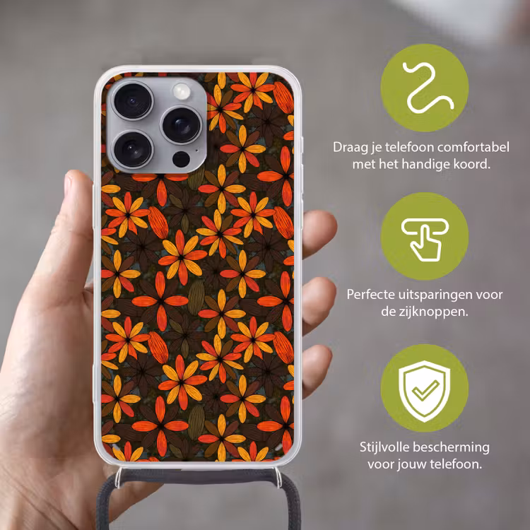 Telefoonhoesje met koord - Oranje - Retro - Bloemen - Herfst — 4