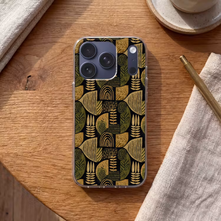 Telefoonhoesje - Zwart - Okergeel - Botanisch - Textuur — 2