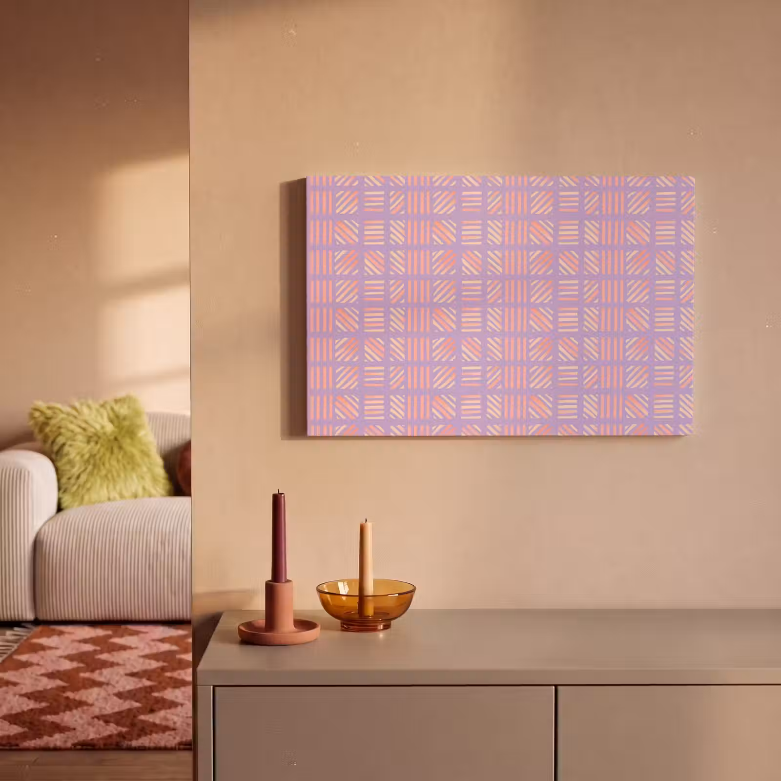 Canvas schilderij - Paars - Roze - Geometrisch - Strepen - Blokken - Patroon — 1