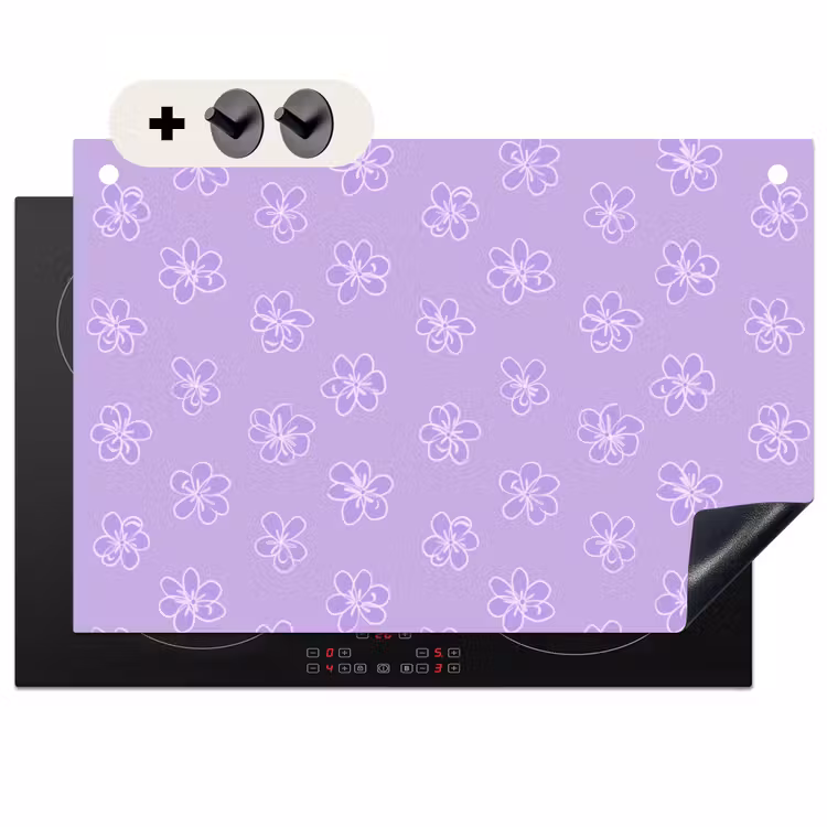 Inductiebeschermer & spatscherm (2in1) - Lila - Botanisch - Bloemen - Handgetekend - Patroon — 1