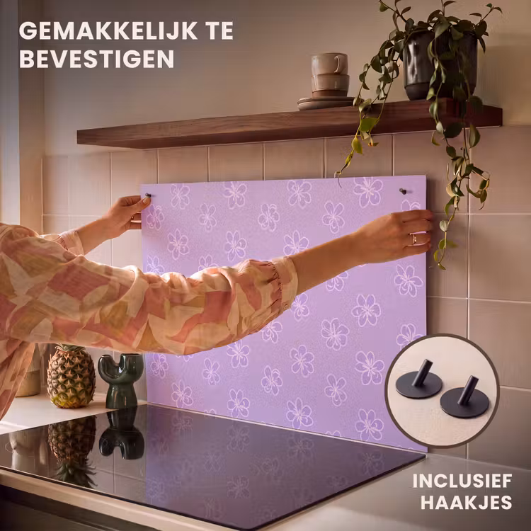 Inductiebeschermer & spatscherm (2in1) - Lila - Botanisch - Bloemen - Handgetekend - Patroon — 7