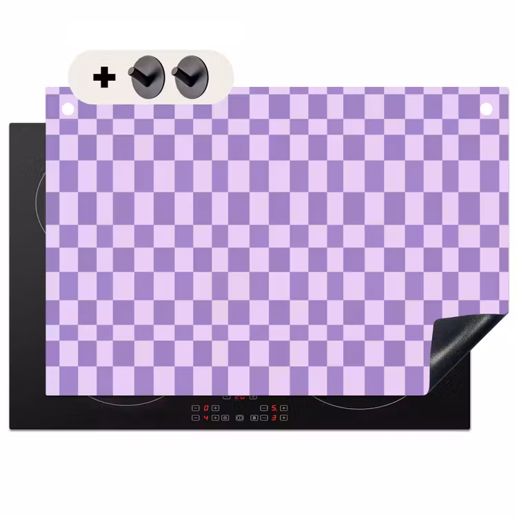 Inductiebeschermer & spatscherm (2in1) - Paars - Geometrisch - Dambord - Blokken - Patroon — 1