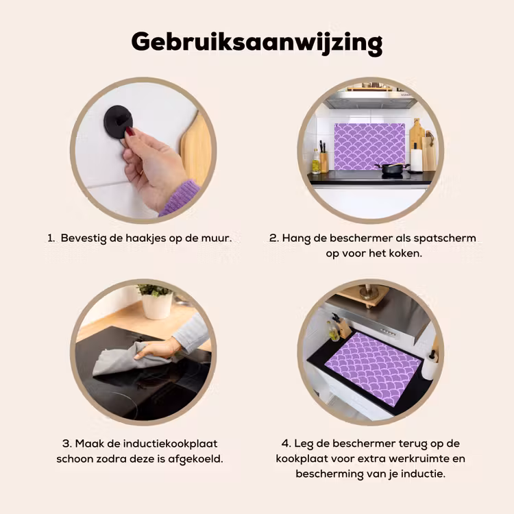 Inductiebeschermer & spatscherm (2in1) - Paars - Schubber - Schelpen - Handgetekend - Patroon — 6