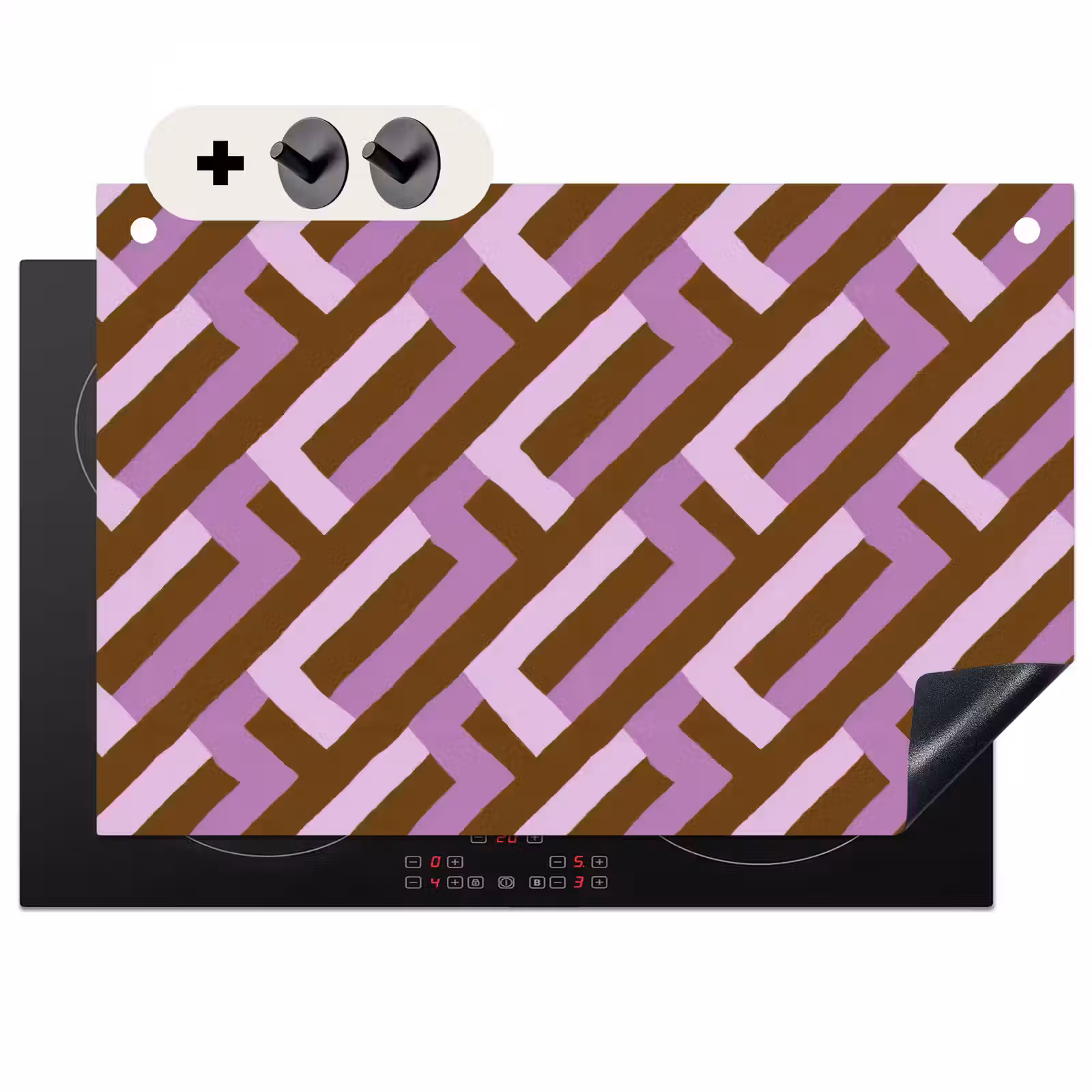 Inductiebeschermer & spatscherm (2in1) - Bruin - Roze - Geometrisch - Meander - Patroon — 1