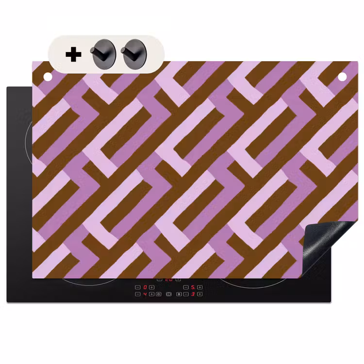 Inductiebeschermer & spatscherm (2in1) - Bruin - Roze - Geometrisch - Meander - Patroon — 1