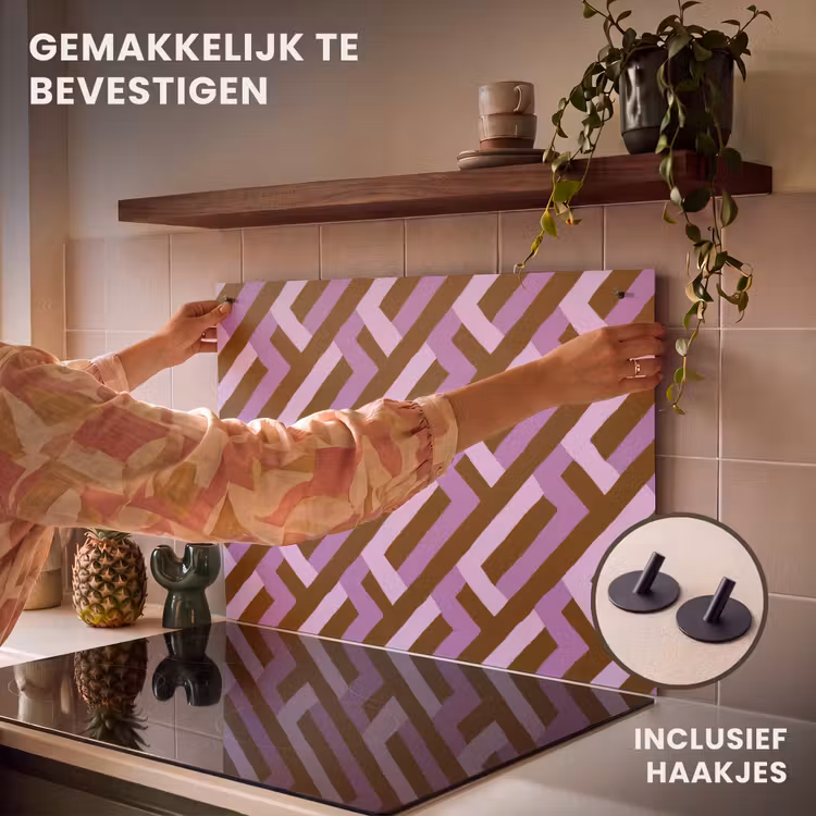 Inductiebeschermer & spatscherm (2in1) - Bruin - Roze - Geometrisch - Meander - Patroon — 7