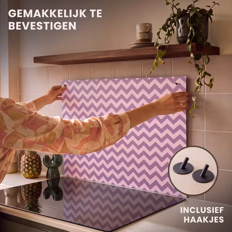 Inductiebeschermer & spatscherm (2in1) - Paars - Roze - Geometrisch - Chevron - Zigzag - Patroon — 7